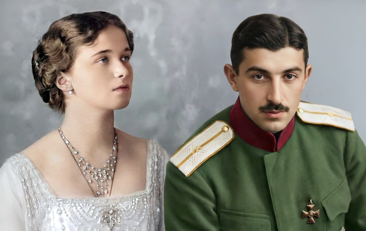 Великая княжна Ольга и офицер Дмитрий Шах-Багов (коллаж с колоризацией)