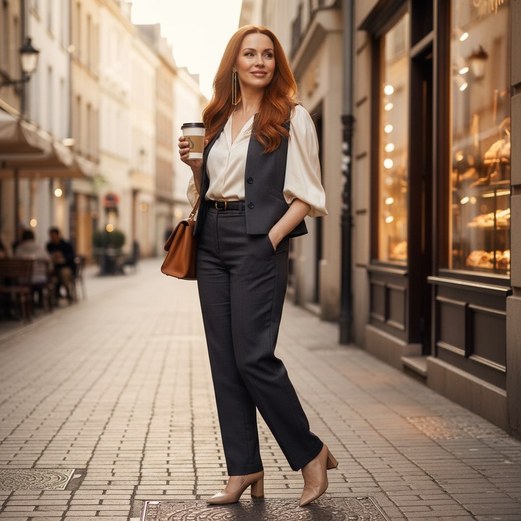 Городской шик на каждый день. Молочная блуза с объемными рукавами, темно-графитовые прямые брюки с высокой талией, короткий жакет до талии или чуть ниже