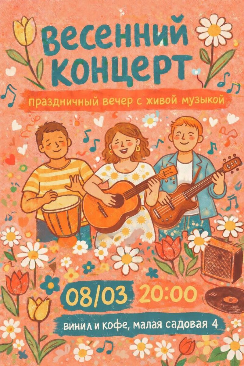 Афиша к одному из регулярных мероприятий в кофейне "Винил и Кофе", Санкт-Петербург, Малая Садовая, дом 4. Изображение из свободных источников.