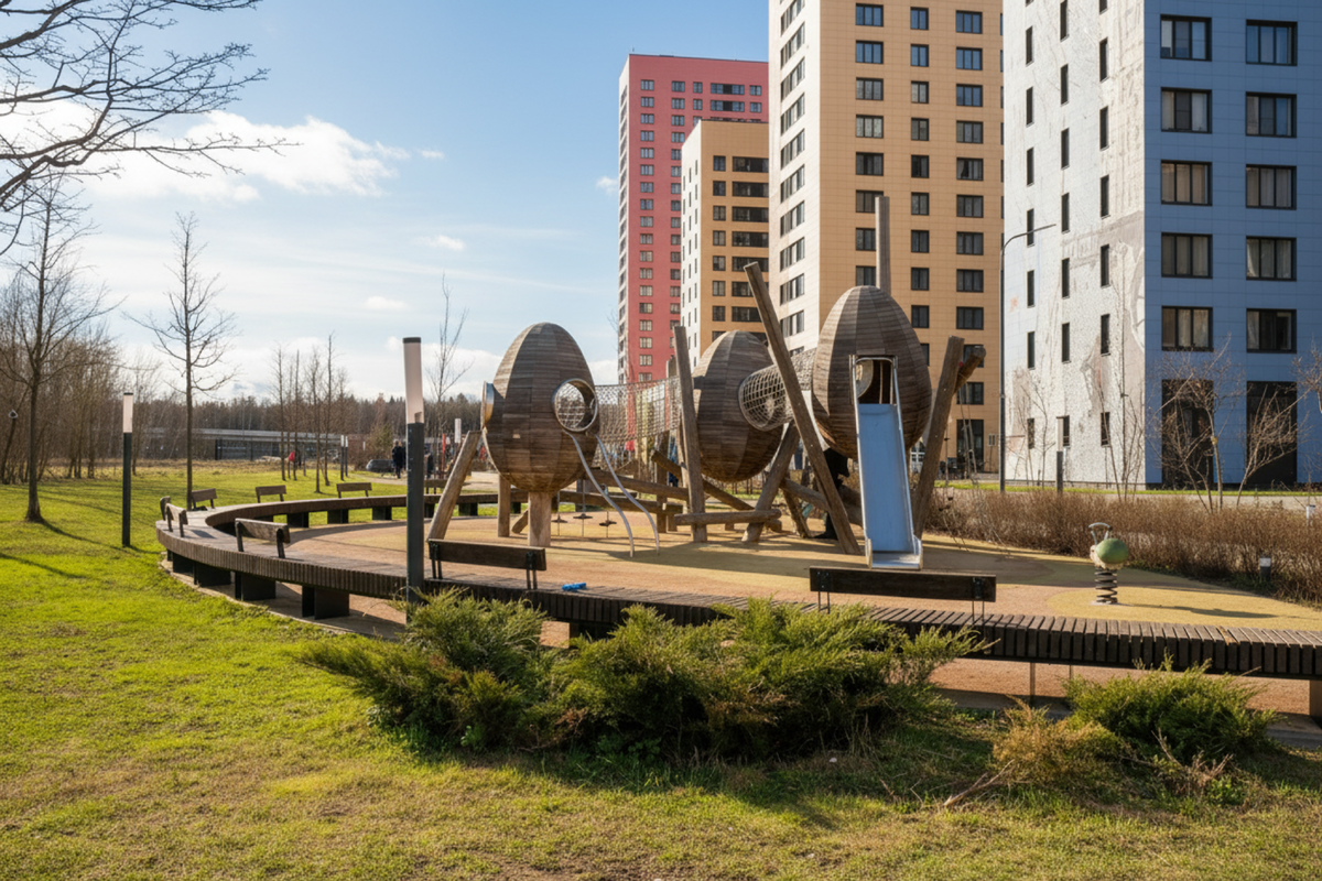 Дети играют в яйцах. Машины — в другом месте.