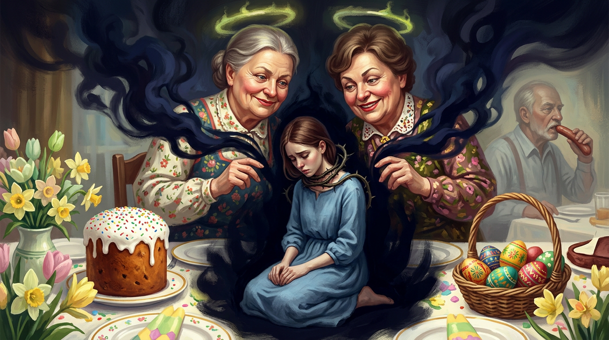 И всё. Праздник убит. Света сидит с комком в горле, муж жует колбасу и делает вид, что оглох, а «святые женщины» продолжают пить чай.