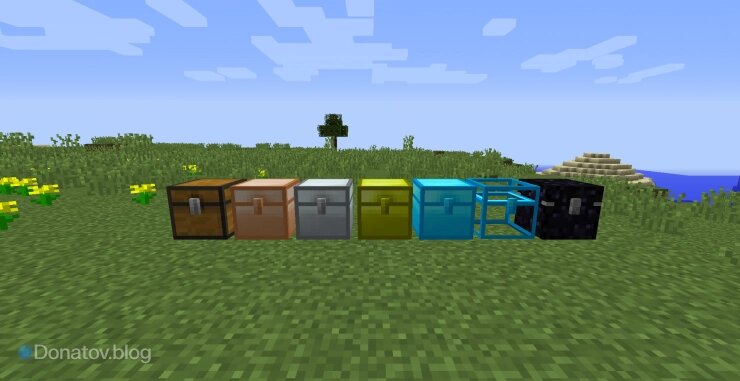    Разные виды сундуков из мода Iron Chest: от деревянного до обсидианового в ряд