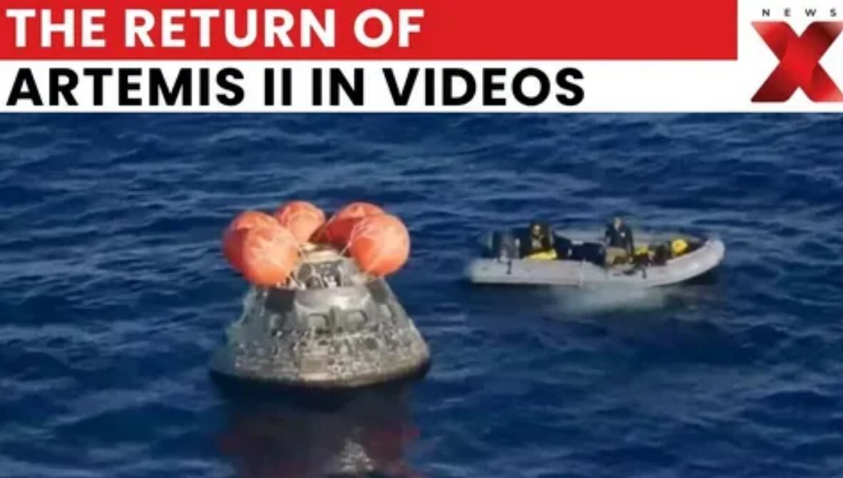 Кадр видео возвращения миссии «Артемида-2» на Землю