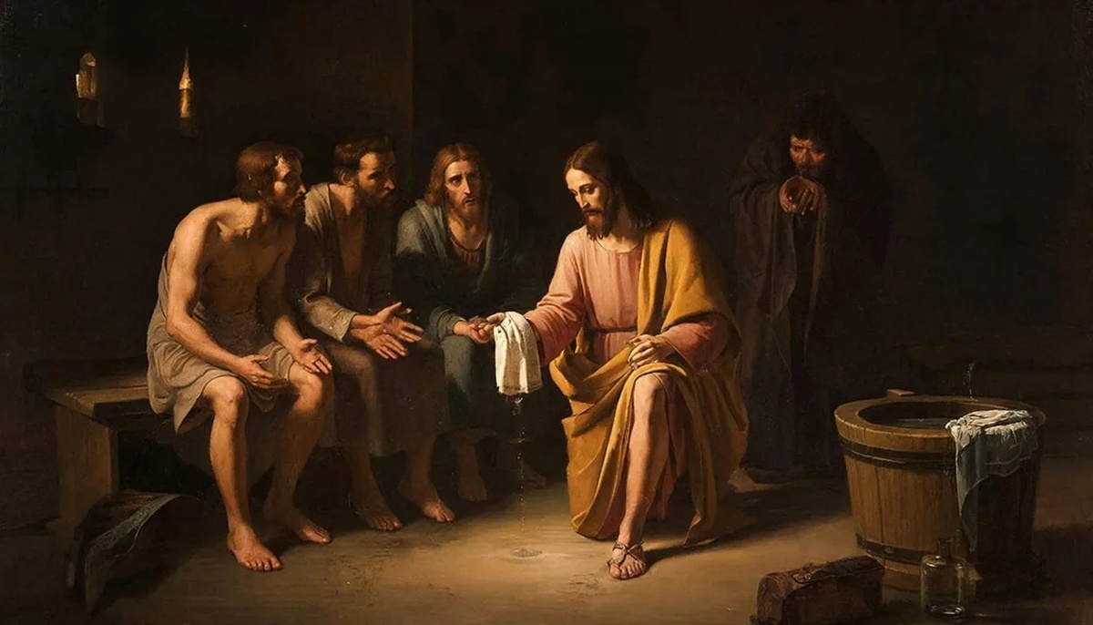 Вечер. Горница. Тени дрожат на стенах. Учитель встаёт. Не для проповеди. Не для чуда. Он снимает одежду — символ славы — и берёт полотенце — символ раба. Вода в тазу холодна. Но в Его руках она станет рекой милости.