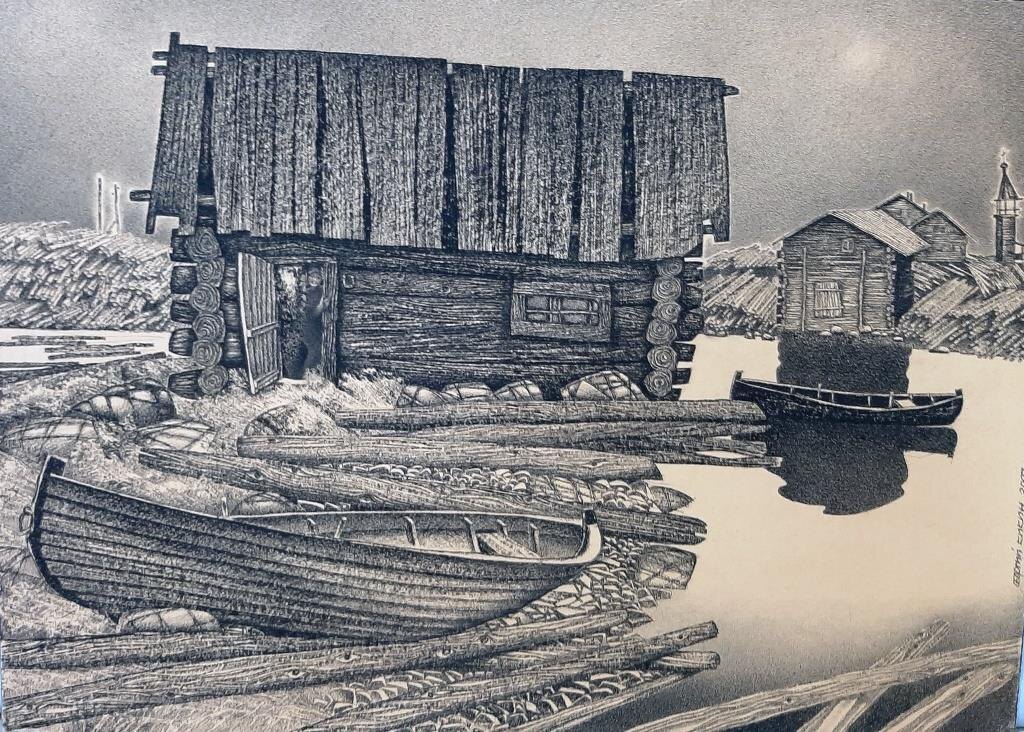 Г.Кикин. Беломорье. Сплавная река. 2000, бум., угольный карандаш. Работа хранится в собрании Музея Актуального Реализма