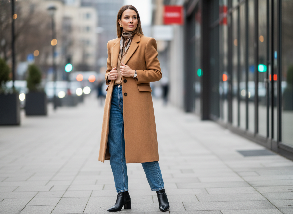 Женщина в пальто с чёткой линией плеча и джинсах: расслабленный низ делает винтажный верх современным