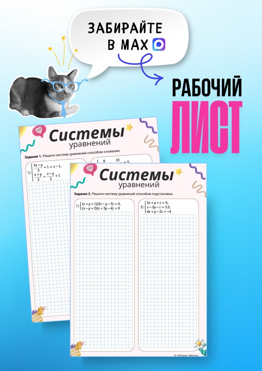 🐱 Рабочий лист: Системы уравнений (углублённый уровень)
