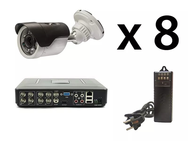 На фото готовая система видеонаблюдения для дома на 8 камер