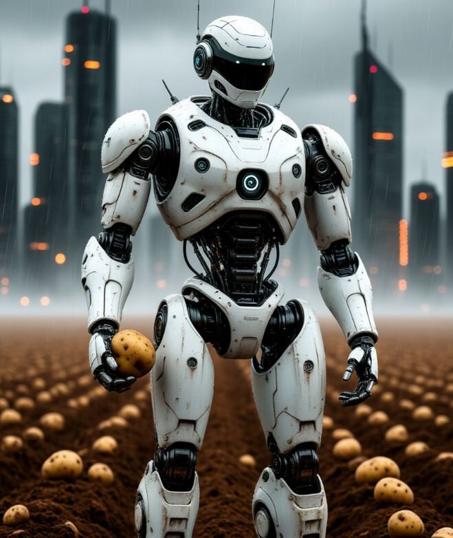 робот держит в руке обтекаемый белый красивый робот слой почв красивый  гидраврика эмалированная броня в стилистике хайтэк фон поле с черной пашней свежесть осени серое небо небоскребы с огням в тумане стиль киберпанк характерные контрастные  неоновые подсветки струи дождя глубокие тёмные тона и металлические оттенки футуристическая эстетика технологическая атмосфера