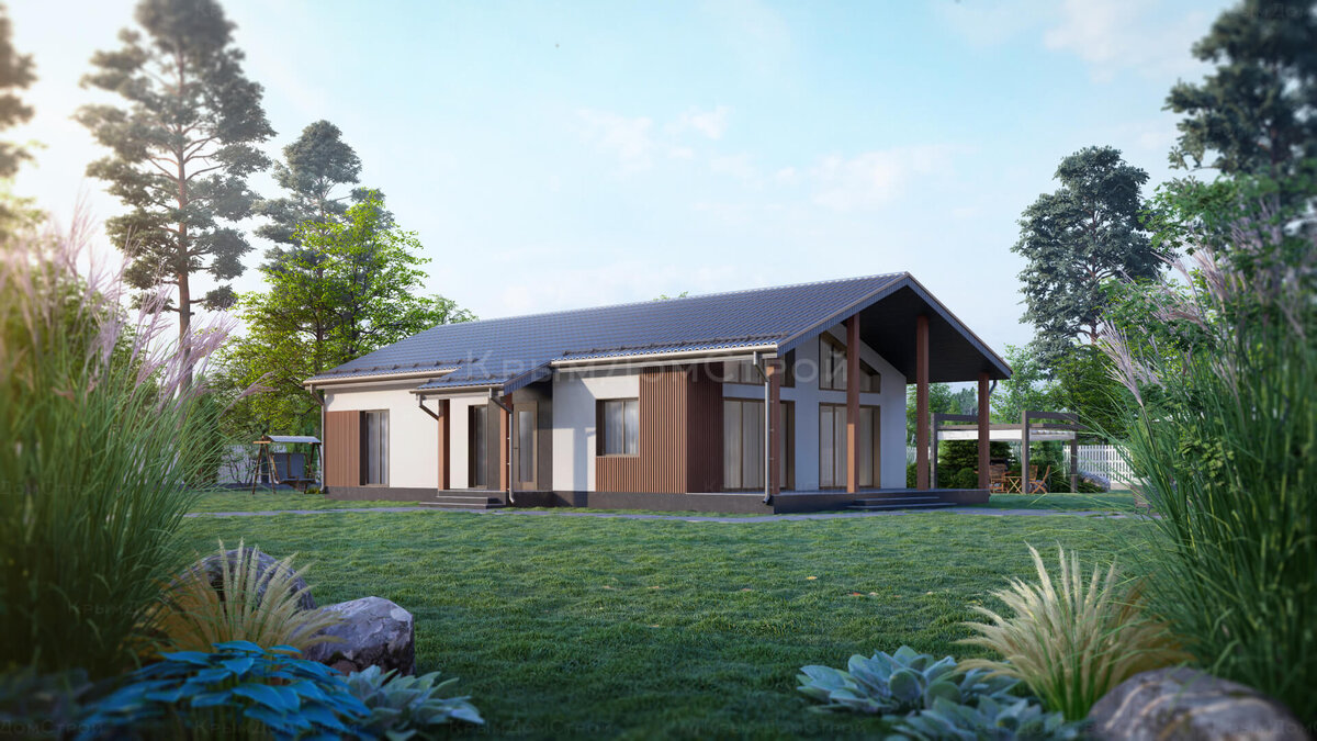 Одноэтажный дом 120м² с 3 спальнями, вторым светом и террасой из газобетона в Крыму