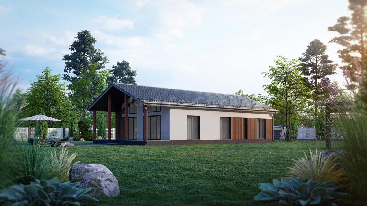 Одноэтажный дом 120м²: боковой фасад с террасой, проект из газобетона