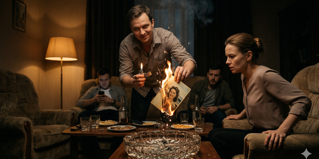 Муж при друзьях сжег моё единственное фото мамы. Спустя неделю он остался без гроша