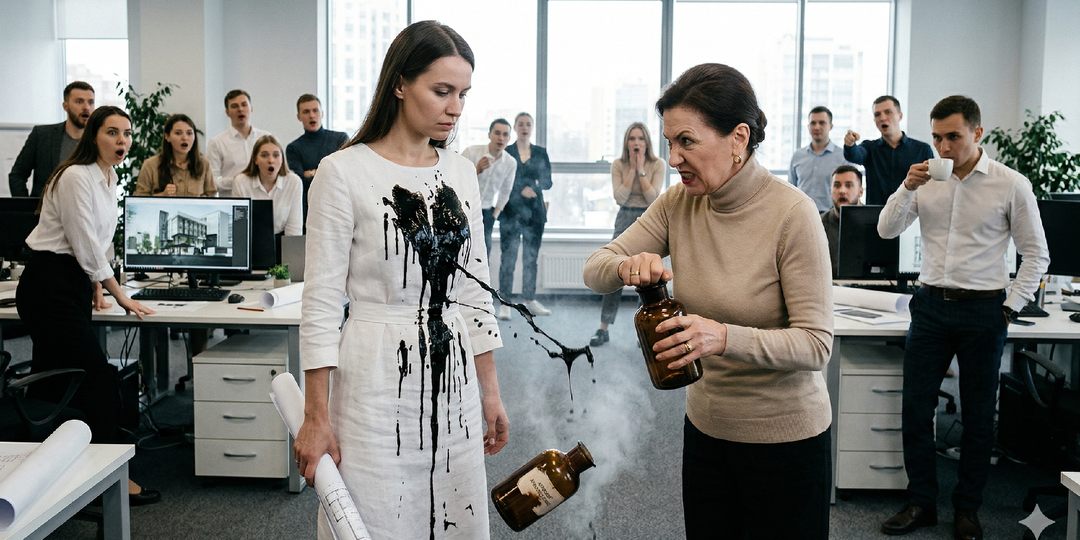 Свекровь при коллегах облила моё белое платье дегтем. Через час её сын подал на развод