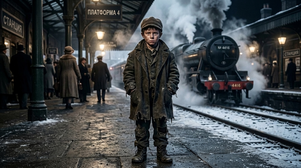 Беспризорник 1920-х годов на холодном вокзале