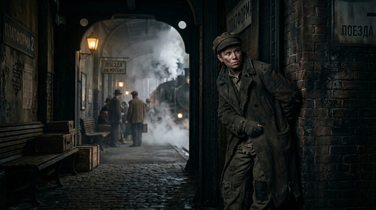 Беспризорник  в темном углу вокзала 1920-х годов