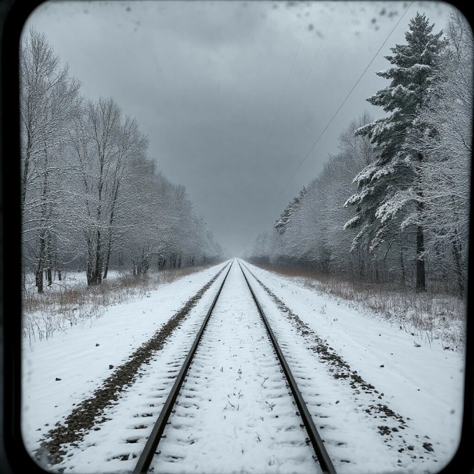 Зимний пейзаж за окном поезда. Заснеженные деревья, бескрайнее белое поле и серое, тяжелое небо, передающее атмосферу долгого пути и холодного одиночества