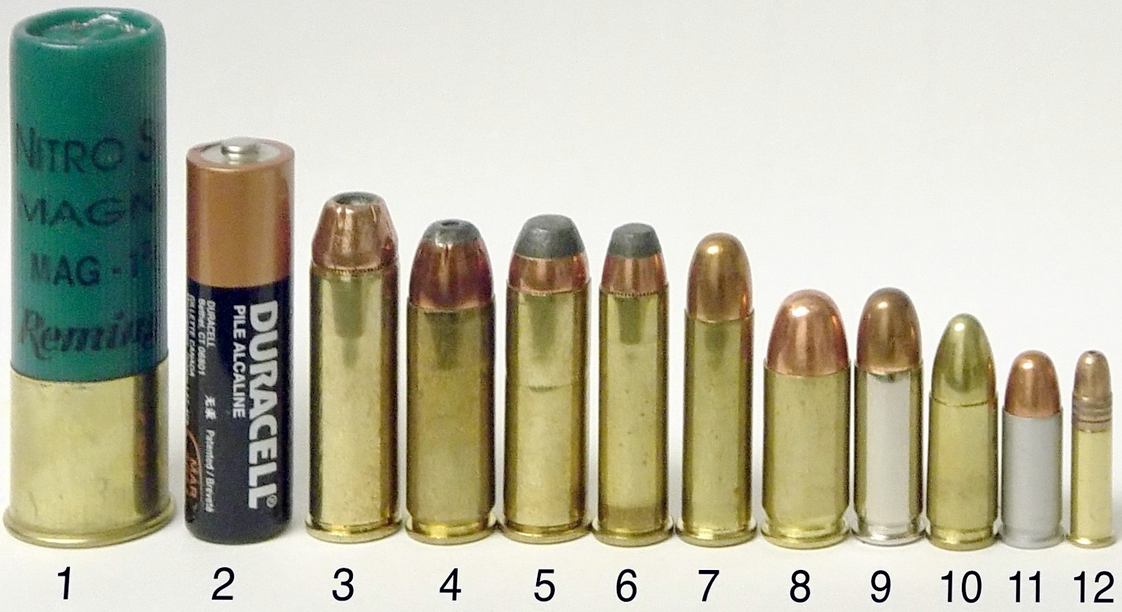 Забавное сравнение патронов; .22 Long Rifle самый маленький. (Автор фото Avriette, CC BY-SA 3.0) 
