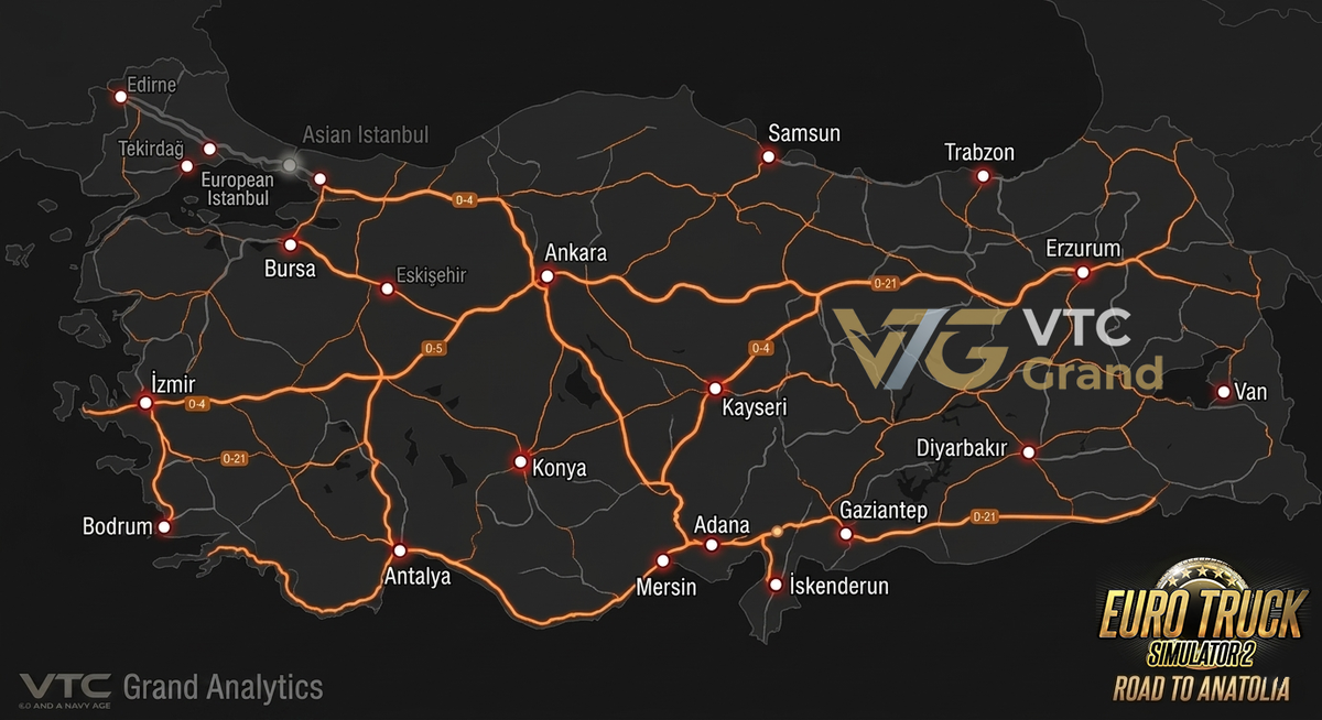 Наш прогноз карты дорог с городами Турции, которая может выглядеть именно так в предстоящем дополнении Турции в 2027/2028 для Euro Truck Simulator 2