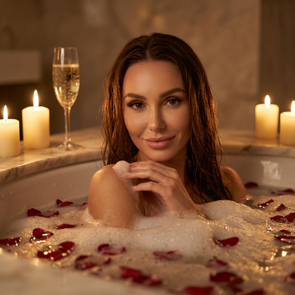 Промпт: Save the look from the uploaded photo. Foam, rose petals, candles, and a glass of sparkling wine. You peer out of the water, a slight smile, wiping foam from your shoulder. The image is long, natural eyelashes, damp hair. Important: shoot delicately to preserve the atmosphere of warmth and comfort, not vulgarity. 8K, 1:1 ratio