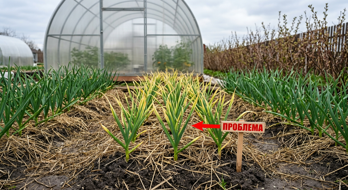 Почему желтеет чеснок весной
