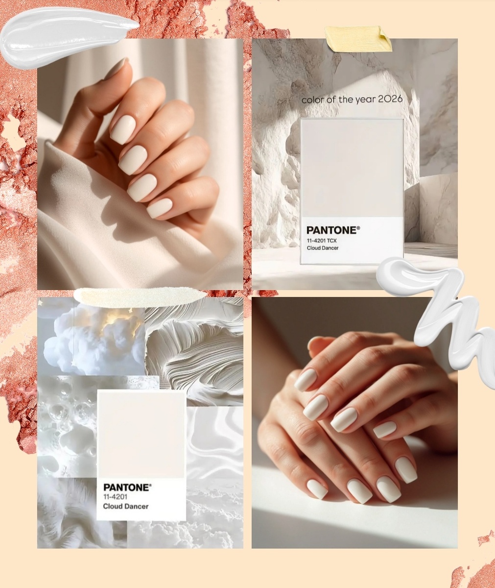 Утро, кофе и безупречный маникюр — залог отличного настроения. Цвет Cloud Dancer — главный фаворит этой весны. Он теплее классического белого, поэтому не выглядит как замазка штрихом. Отлично поможет освежить любой образ. Фотоколлаж автора статьи 