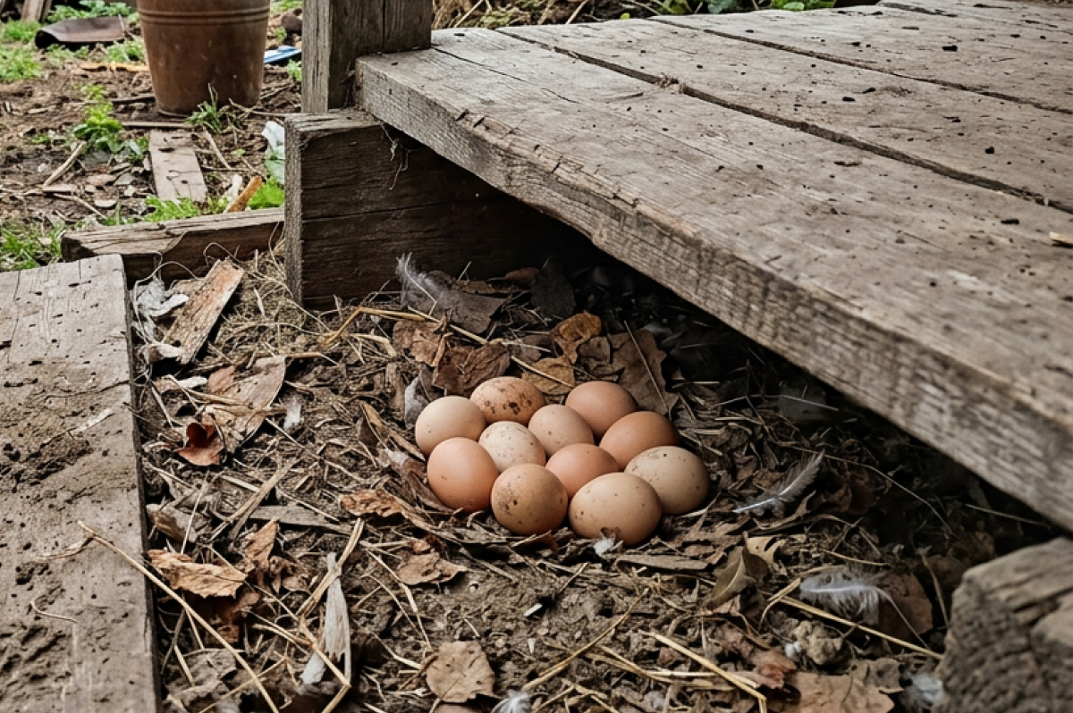 Семь яиц. Под крыльцом, в углу, в ямке. Теплые еще.