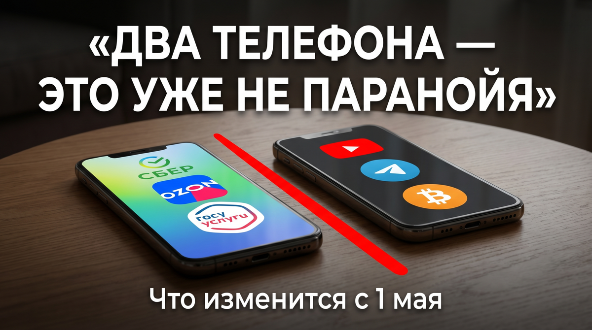 Два смартфона рядом, на одном российские приложения, на другом международные, между ними красная разделительная линия.