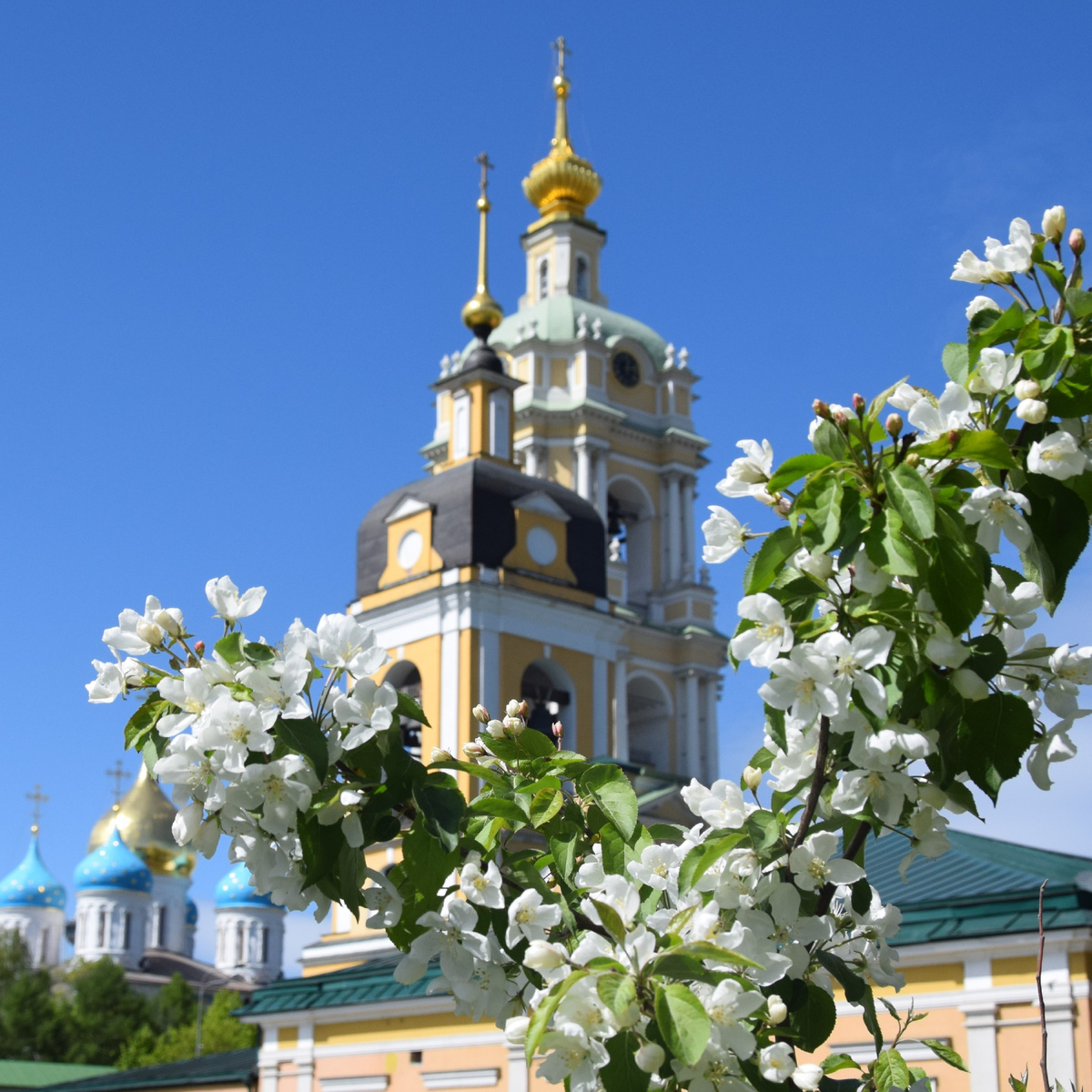 Храм Сорока Мучеников на Крестьянской площади (на переднем плане) и храмы Новоспасского монастыря (на втором плане). Фото автора канала "Приключения Тома Сойера".