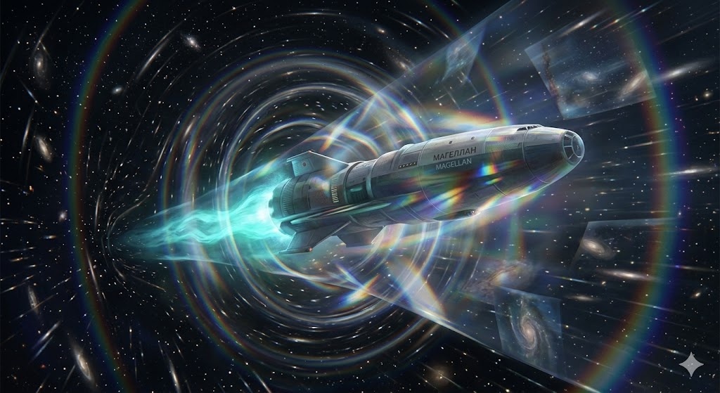 "Магеллан в Кристалле: Резонанс сквозь века", иллюстрация создана сетью Джемини