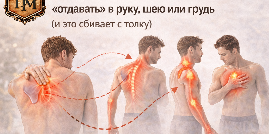 🔥 Почему боль под лопаткой может «отдавать» в руку, шею или грудь (и это сбивает с толку)