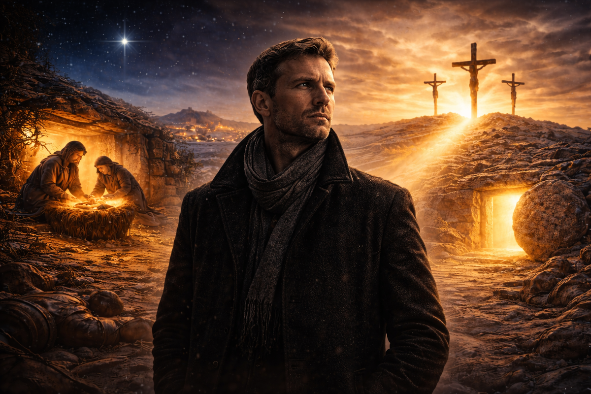 Большая многослойная обложечная композиция. На переднем плане — серьёзный современный человек, стоящий перед безмерным пространством евангельской истории. Слева в едином световом переходе — Вифлеем, ясли, Мария, Иосиф, ночная звезда, тихое Рождество. Справа и в центре — Страстная неделя, Голгофа, крест, каменный гроб и мощный свет воскресения. Над всей сценой — ощущение главной христианской истины: Христос пришёл в мир не только родиться, но победить смерть. 