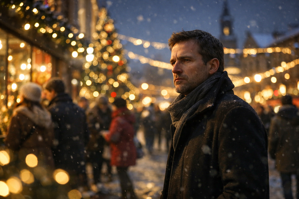 Современный зимний город в рождественских огнях. Люди гуляют среди витрин, ёлок, гирлянд и праздничного уюта. Но в центре композиции — один серьёзный человек, который смотрит не на внешнюю праздничность, а как будто сквозь неё, вглубь истории. В его взгляде — вопрос о подлинном смысле Рождества. Атмосфера красивого, но ещё не завершённого ожидания. 