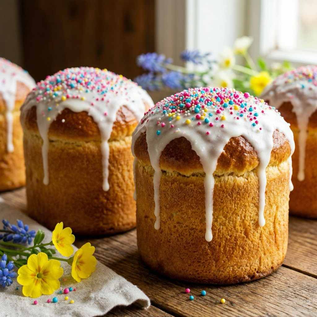 Кулич с белой глазурью — главный символ православной Пасхи. Золотистый, ароматный, с изюмом внутри и сахарной посыпкой сверху. Секрет идеального кулича один: терпение. Хорошее тесто спешки не терпит