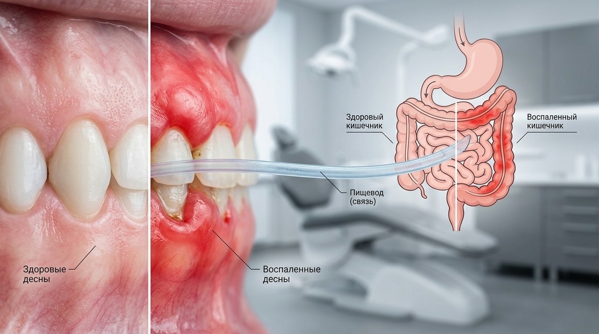 Систематический обзор 2024 года подтверждает: хронически воспалённые дёсны могут быть тихим соучастником проблем с ЖКТ.