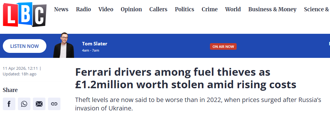Водители Ferrari оказались среди воров топлива, украденного на сумму 1,2 миллиона фунтов стерлингов на фоне роста цен.
Уровень краж сейчас, как сообщается, выше, чем в 2022 году, когда цены резко выросли после вторжения России