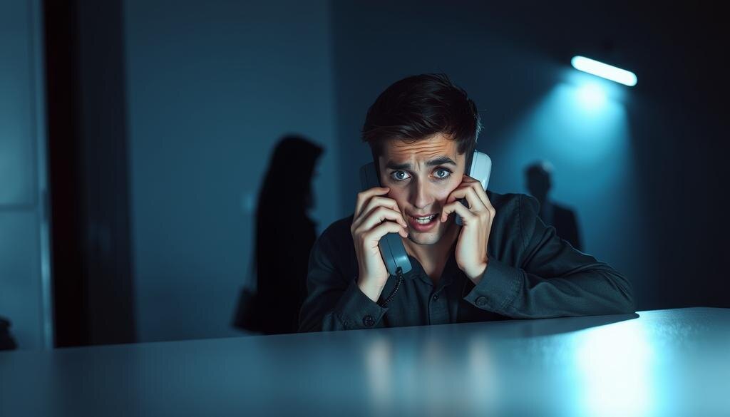    Человек в тёмной комнате, держащий телефон, выглядит озадаченным и тревожным.