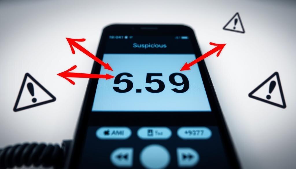    Экран телефона с подозрительным номером, символы предупреждения вокруг.