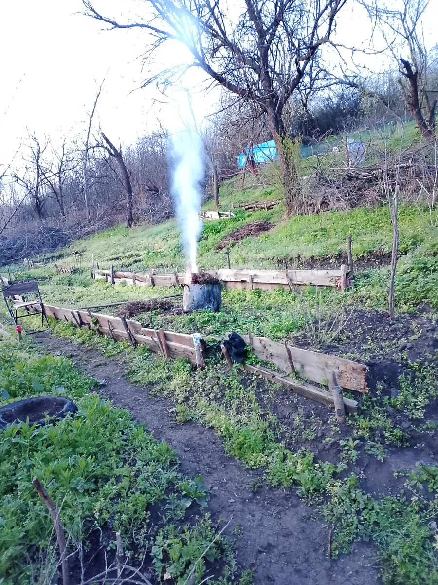 Вот на таком возвышенном месте поставила большую ёмкость. У нас гора, высокий подъем, который я вырубаю от старых деревьев, и делаю хоть какие то грядки! 