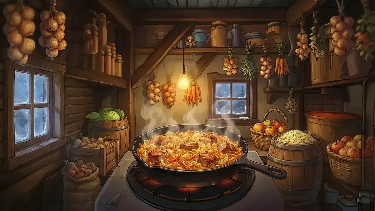 Тушаная квашаная капуста з мясам | Лепш узяць свініну з праслойкамі тлушчу. Нарэзаць не вельмі дробнымі кавалкамі і абсмажыць на патэльні. Дадаць дробна пакрышаную цыбулю. Абсмажыць, памешваючы, да залацістага колеру цыбулі. Накрыць крышкай і тушыць пару хвілін.

Надраць на буйной тарцы моркву, пакласці ў патэльню, перамяшаць і прадоўжыць тушыць. Калі морква будзе гатова, дадаць квашаную капусту, лаўровы ліст і тушыць яшчэ 30 хвілін, час ад часу памешваючы. У канцы дадаць соль і спецыі па смаку.