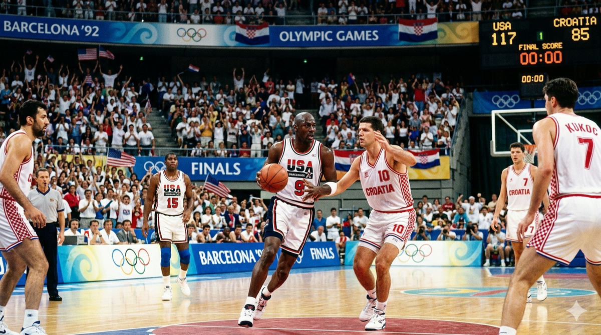 Барселона, 1992: Майкл Джордан и «Команда мечты» в историческом финале против Хорватии. Изображение сгенерировано с помощью ИИ.