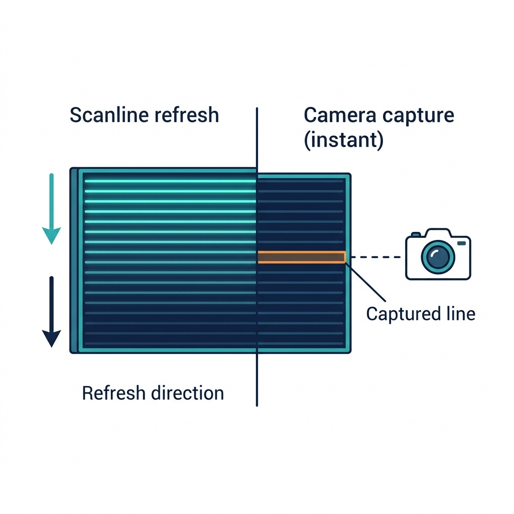 схема, показывающая, как экран телевизора обновляется построчно, а камера фиксирует лишь момент