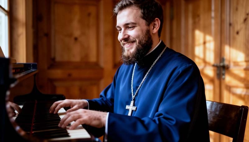 Православный батюшка басом пел «Вечерний звон», аккомпанируя себя на пианино. 