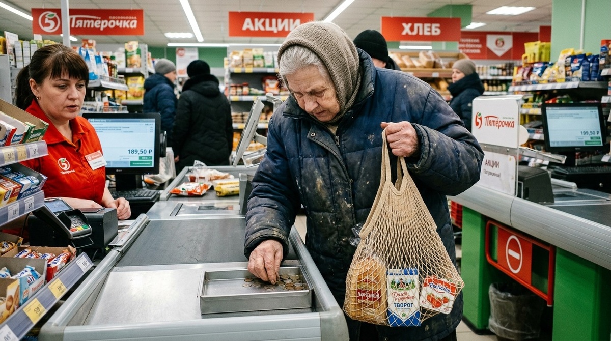  Женщина лет семидесяти, сгорбленная, в старом пуховике с пятнами