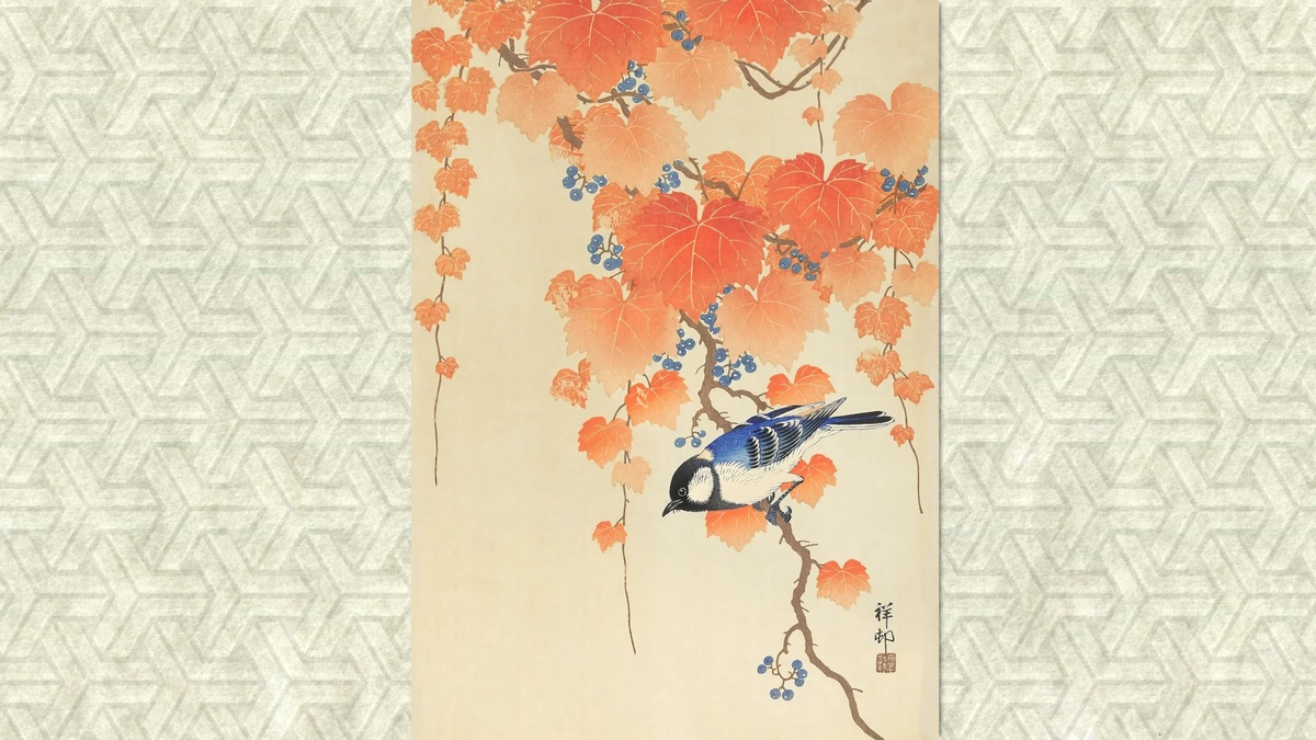 Птица (очевидно, большая синица) на ветке павловнии. Цветная гравюра. Охара Косон, 1934 г.