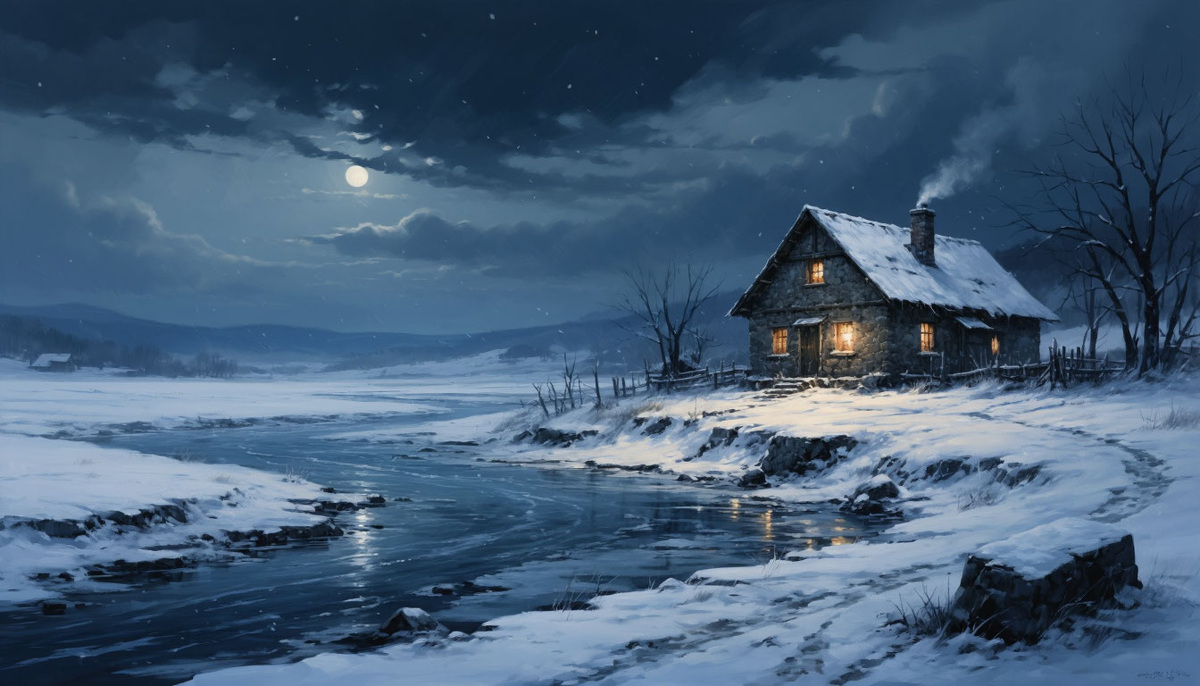 Безмолвная степь, ледяная река... лишь буран воет вдалеке. Изображение от ИИ Шедеврум