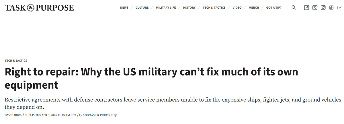 Право на ремонт: почему американские военные не могут починить большую часть своего оборудования самостоятельно.
Ограничительные соглашения с оборонными подрядчиками лишают военнослужащих возможности ремонтировать дорогостоящие корабли, истребители и наземную технику, от которых они зависят