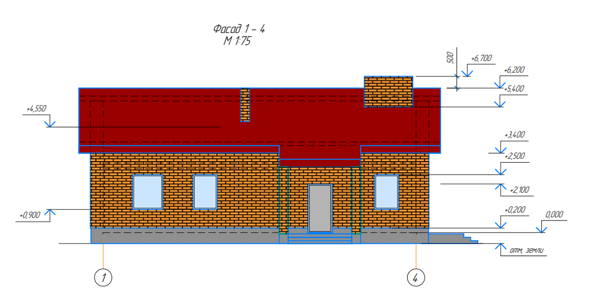 Главный фасад с крыльцом и входной дверью