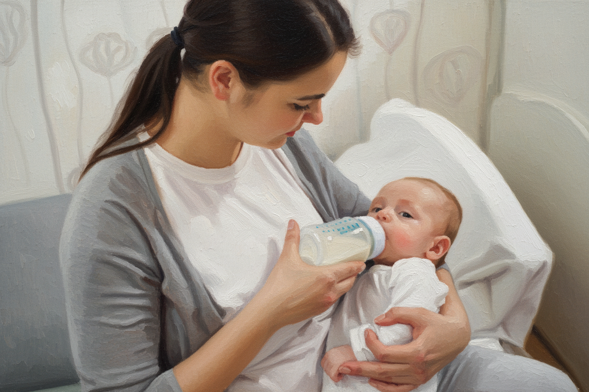 Фото из открытого источника, измененная ИИ: вариант размеренного кормления из бутылки