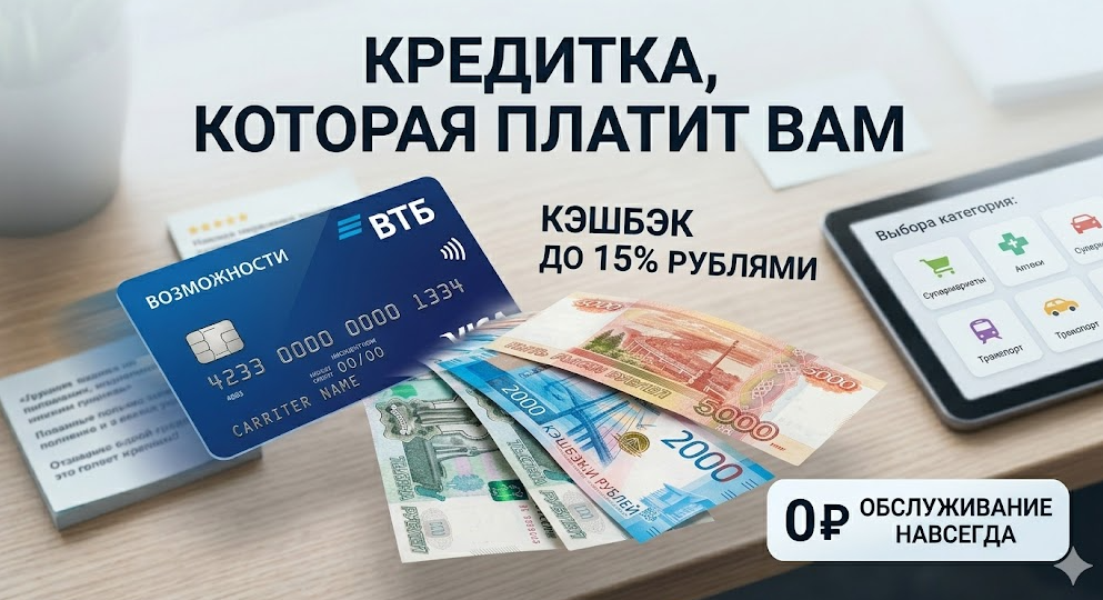 Кредитка, которая платит вам: бесплатная кредитная карта ВТБ с кэшбэком до 15% рублями (условия и онлайн-заявка)