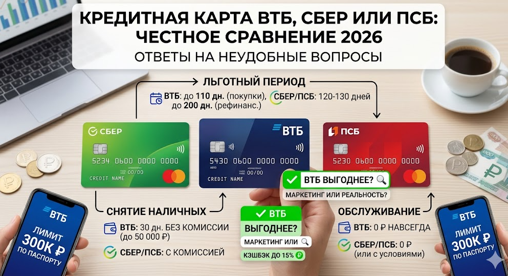 Кредитная карта ВТБ, Сбер или ПСБ: честное сравнение 2026 года и ответы на неудобные вопросы